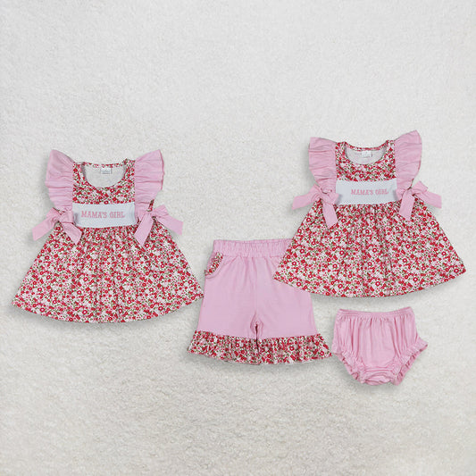 Sibling Baby Girls Kids Short Sleeves Embroidery Mama's Girl Flower Tops Pink Shorts Sets