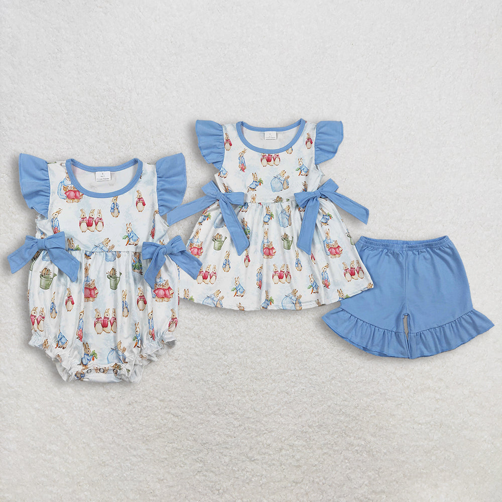 RTS Sibling Baby Girls Short Sleeves Rabbits Blue Bows Easter Bubble Romper Set