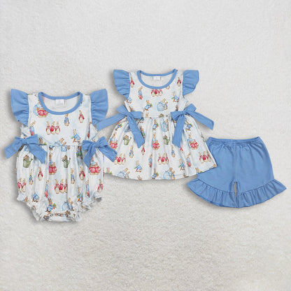 RTS Sibling Baby Girls Short Sleeves Rabbits Blue Bows Easter Bubble Romper Set