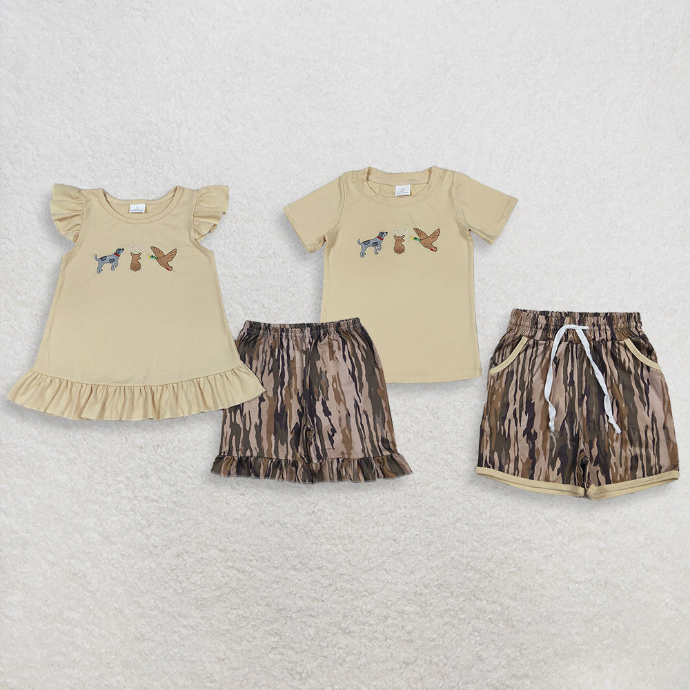Sibling Baby Boys Girls Kids Short Sleeves Embroidery Deer Dogs Duck Tops Camo Pockets Shorts Sets