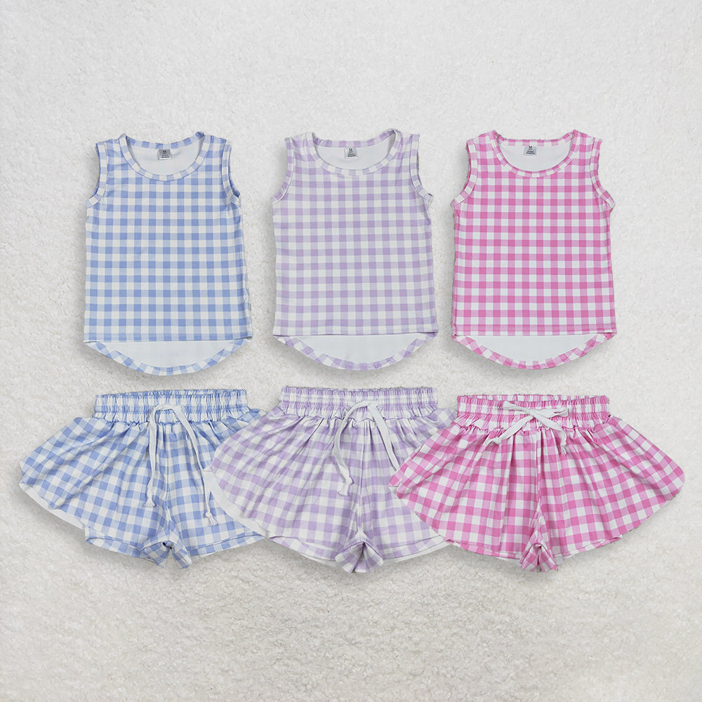 Sibling Baby Girls Kids Sleeveless Plaid Tops Shorts Sets Yoga Active Summer Clothes
