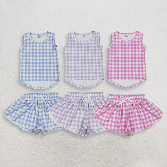 Sibling Baby Girls Kids Sleeveless Plaid Tops Shorts Sets Yoga Active Summer Clothes