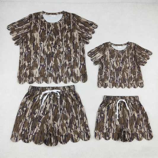 RTS Sibling Baby Girls Adult Women Short Sleeves Camo Shirts Shorts Scallop Sets Summer Clothes