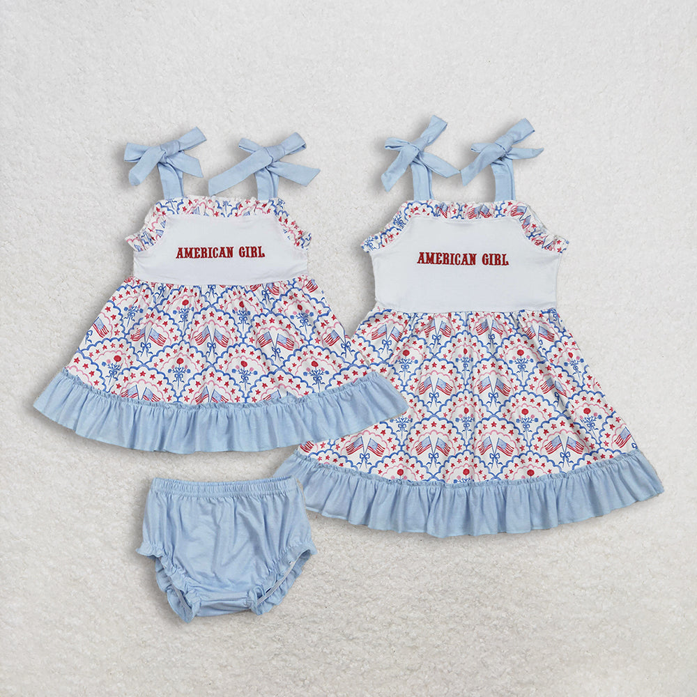 RTS Sibling Baby Kids Straps Embroidery American Girl Flags Bows 4th of July Set Dress