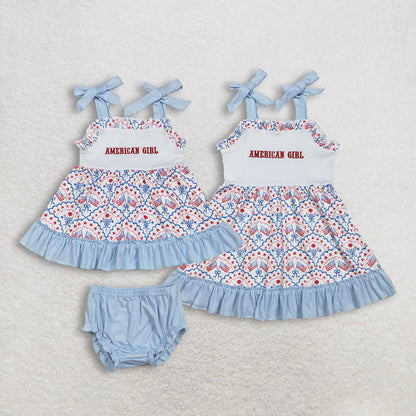 RTS Sibling Baby Kids Straps Embroidery American Girl Flags Bows 4th of July Set Dress