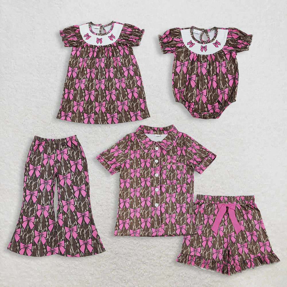 RTS Sibling Girls Kids Adult Women Embroidery Bows Southern Camo Smocked Dress Romper Pajamas Pants
