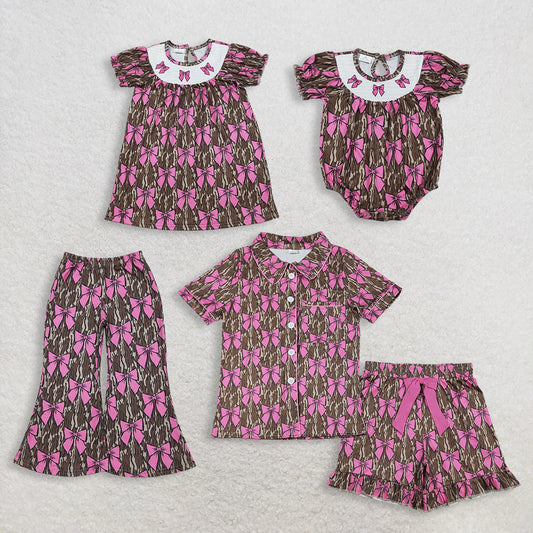RTS Sibling Girls Kids Adult Women Embroidery Bows Southern Camo Smocked Dress Romper Pajamas Pants