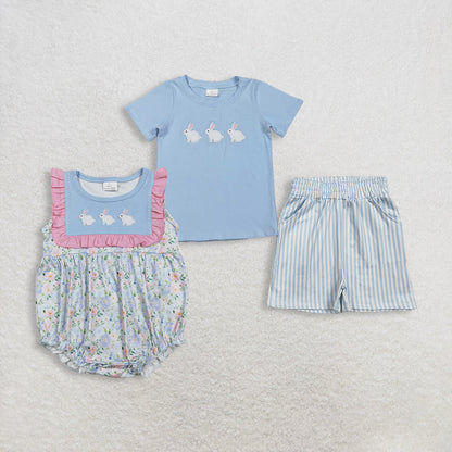 Sibling Baby Boys Kids Embroidery Rabbits Shirt Stripes Pockets Shorts Set Romper Easter Clothes RTS