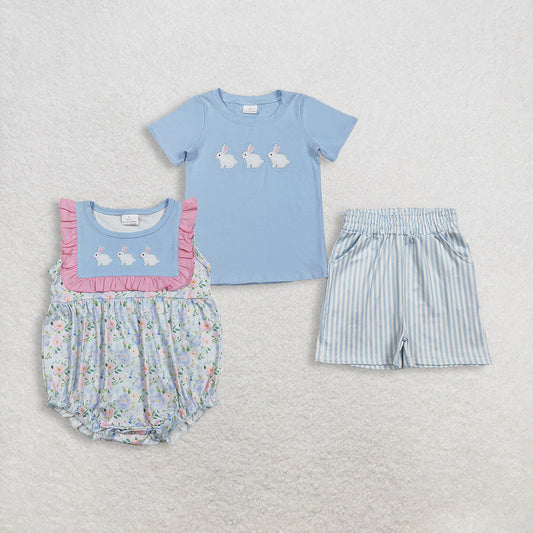 Sibling Baby Boys Kids Embroidery Rabbits Shirt Stripes Pockets Shorts Set Romper Easter Clothes RTS