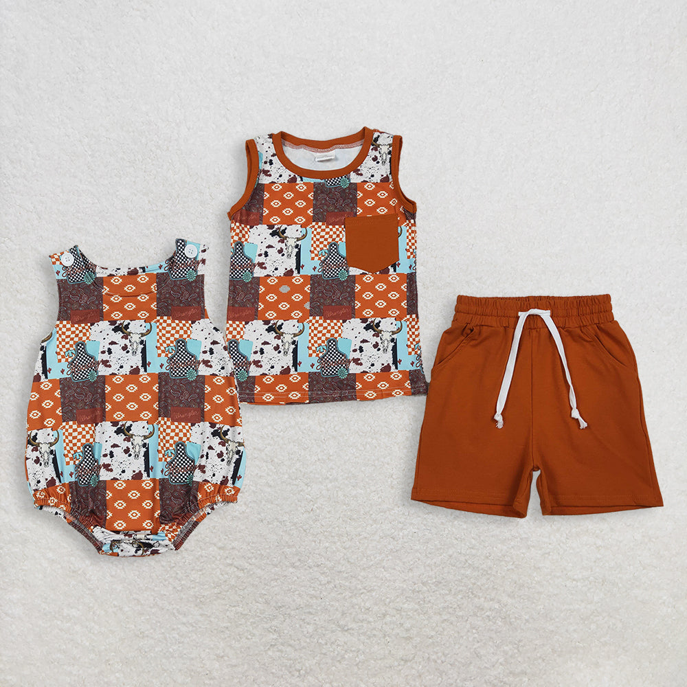 RTS Sibling Baby Boys Western Cow Print Aztec Plaid Shirt Pockets Shorts Clothes Set Romper
