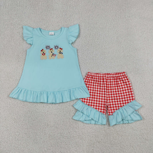 Baby Girls Kids Short Sleeves Embroidery Dogs Flags Tunic Red Plaid Shorts 4th of July Set