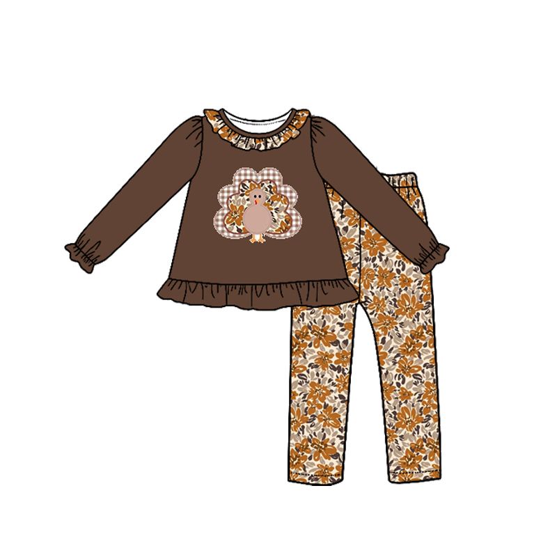 Moq 5 Preorder Baby Girls Kids Long Sleeves turkey Tunic Flower Pants Thanksgiving Set Clothes