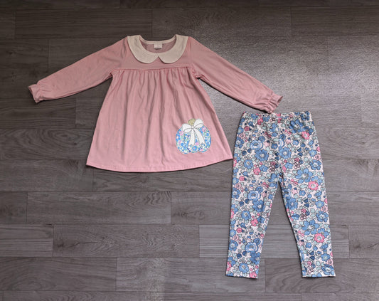 No moq Preorder Baby Girls Kids Embroidery Pumpkin Bow Tunic Flower Pants Set Fall Clothes