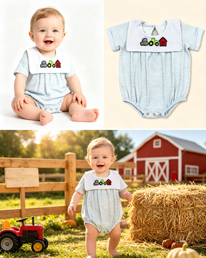 Baby Boys Kids Short Sleeves Embroidery Tractor Farm Blue Stripes Bubble Romper