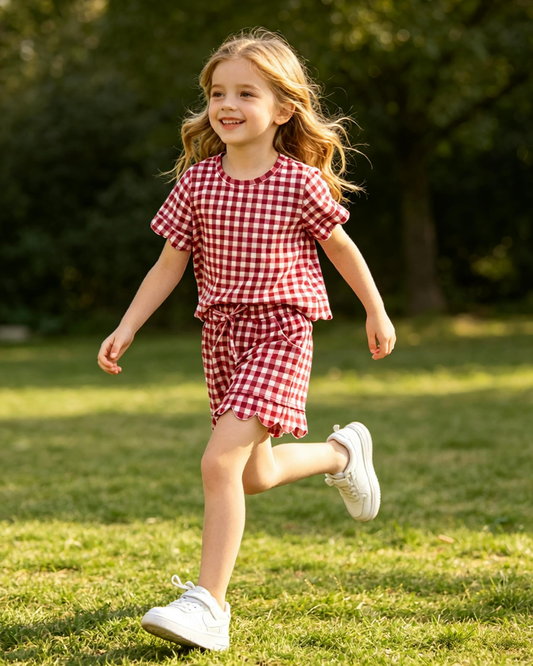 Baby Girls Kids Short Sleeves Red Plaid Shirt Scallop Shorts Set Clothes
