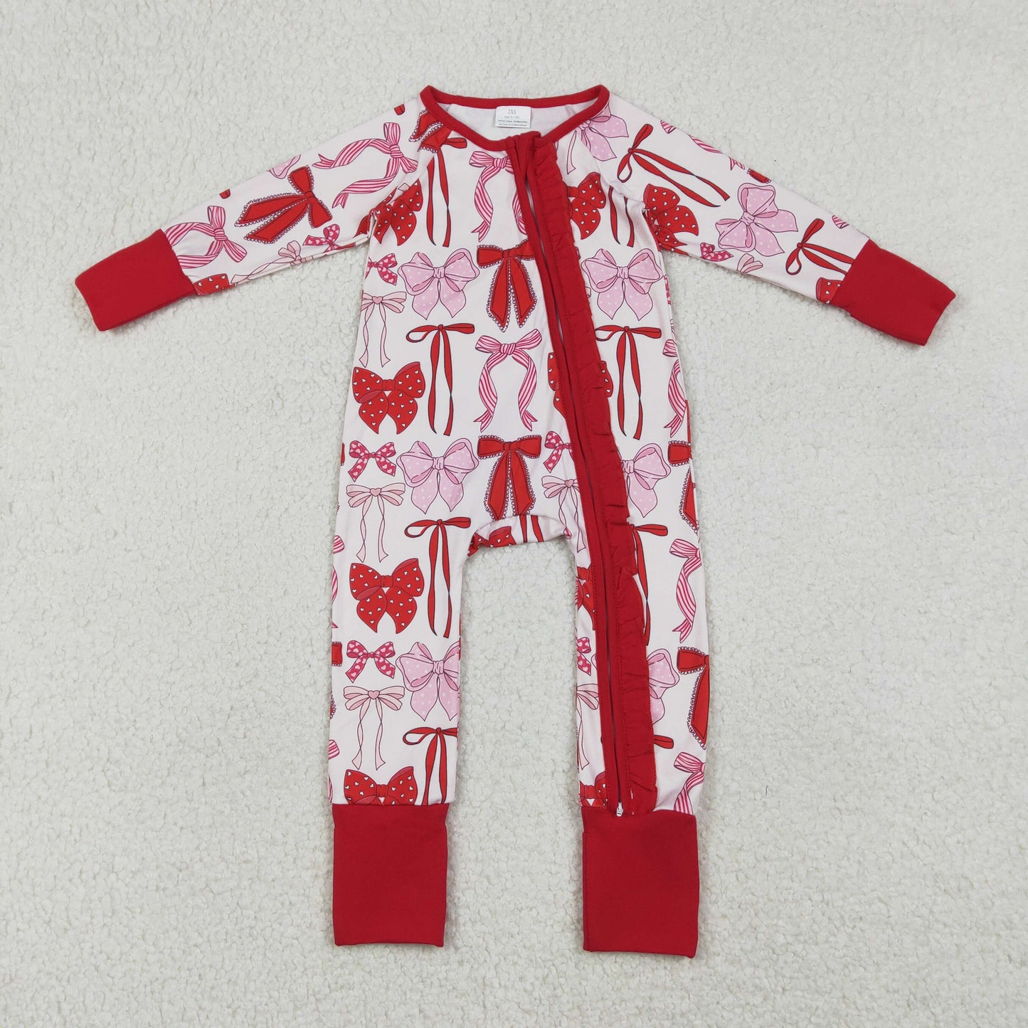 Baby Girls Infant Long Sleeves Hearts Bows Ruffle Zipper Valentine  Romper