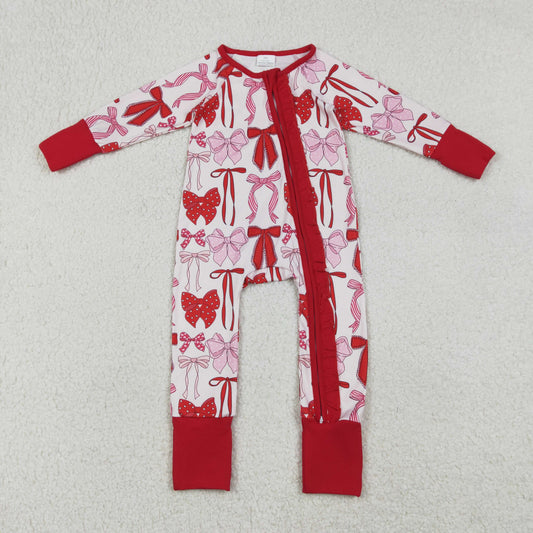 Baby Girls Infant Long Sleeves Hearts Bows Ruffle Zipper Valentine  Romper