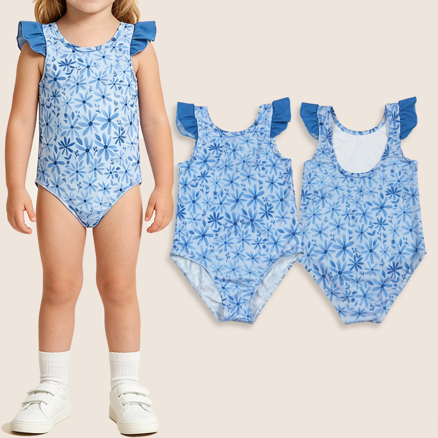 Baby Girl Kids Short Sleeves Blue Flower One Piece Swimsuit