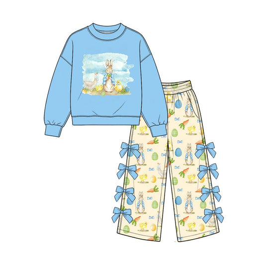 Moq 5 Preorder Baby Girls Kids Blue Shirt Rabbits Eggs Carrots Bows Pants Easter Set Clothes