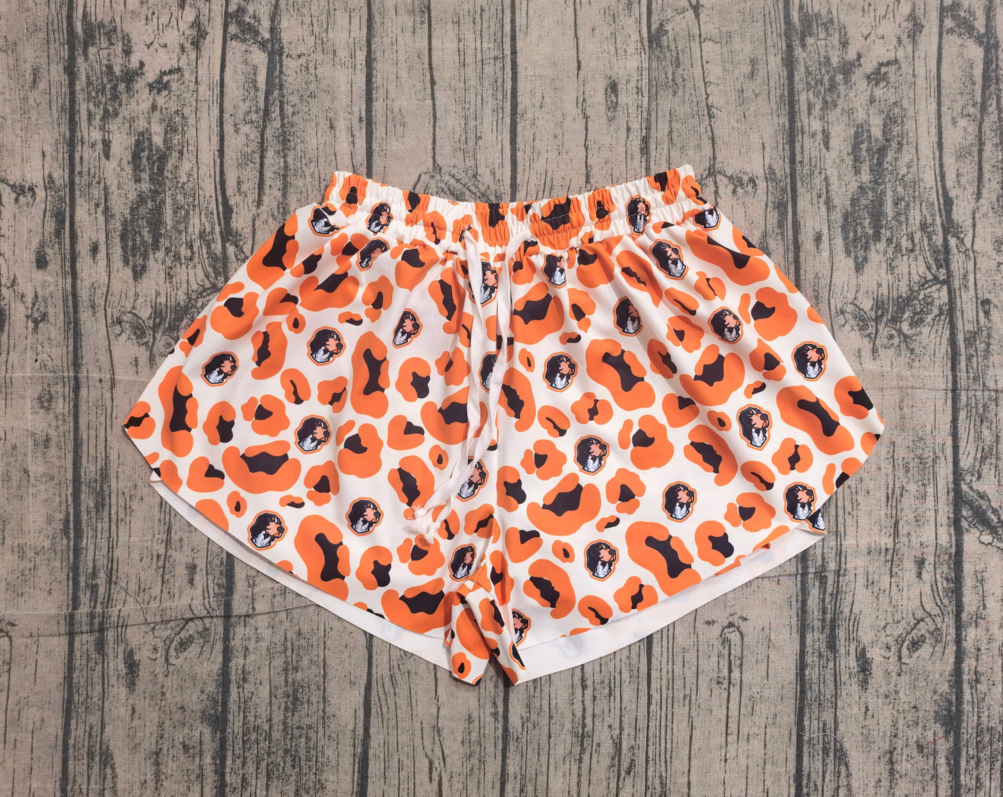 Preorder Adult Women Orange Leopard Dogs Team Yoga Active Ruffle Shorts Bottom