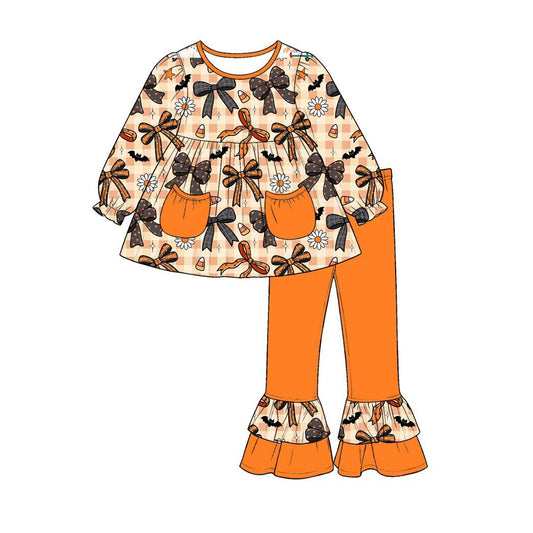 Moq 5 Preorder Baby Girls Kids Bows Flower Candy Pockets Tunic Ruffle Pants Halloween Set Clothes