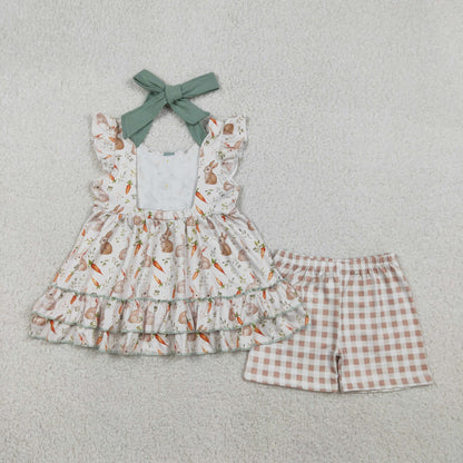 RTS Baby Girls Kids Carrots Rabbits Buttons Tunic Plaid Shorts Easter Clothes Set