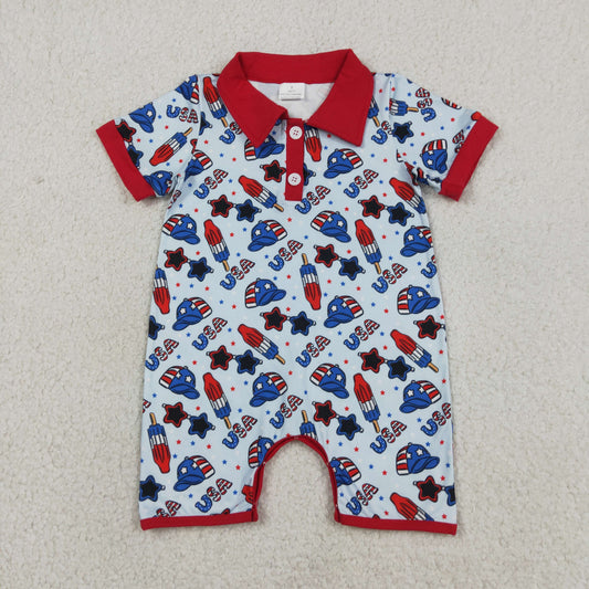 Baby Boys Short Sleeves Popsicle Stars USA 4th of July Buttons Romper