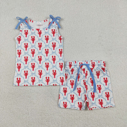 RTS Sibling Baby Girls Toddler Sleeveless Crayfish Bows 4th of July Dress Set Clothes