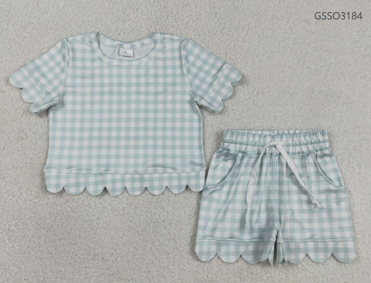 RTS Baby Girls Kids Short Sleeves Plaid Shirt Scallop Shorts Blue Clothes Set