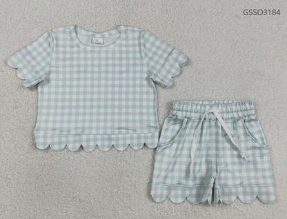 RTS Baby Girls Kids Short Sleeves Plaid Shirt Scallop Shorts Blue Clothes Set