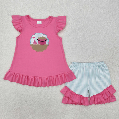 RTS Sibling Baby Girls Kids Short Sleeves Embroidery Beach Shirts Ruffle Shorts Summer Sets