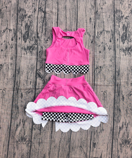 Preorder Baby Girls Kids Sleeveless Pink Tops Plaid Bows Skirt Shorts Yoga Set Clothes