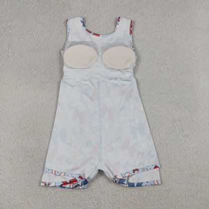 RTS Baby Girls Toddler Baseball Bows Flags 4th of July Yoga Shorts Knee Length Dress Blue Clothes