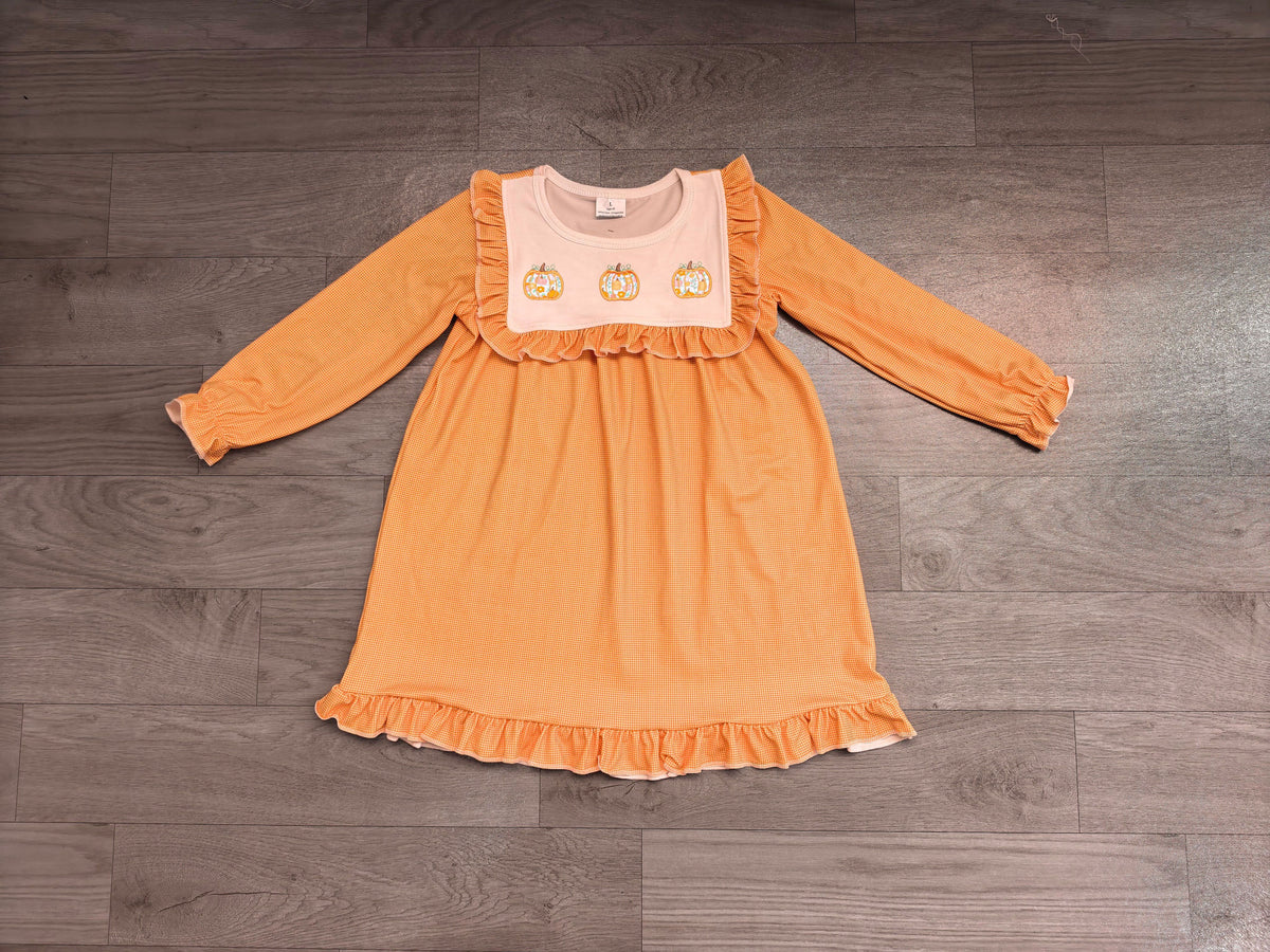 No moq Preorder Baby Girls Kids Embroidery Pumpkins Plaid Knee Length Fall Dress Clothes