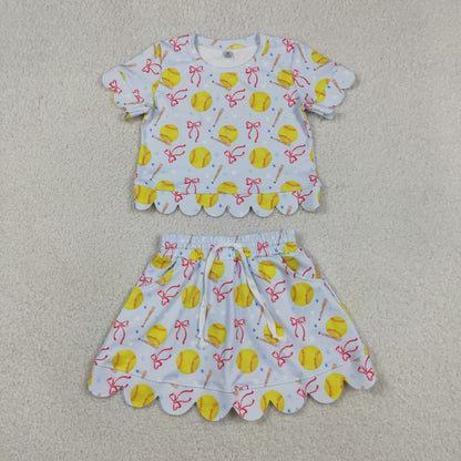 Baby Girls Kids Short Sleeves Softball Bows Shirt Shorts Skirt Yoga Active Clothes Set