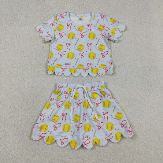 Baby Girls Kids Short Sleeves Softball Bows Shirt Shorts Skirt Yoga Active Clothes Set