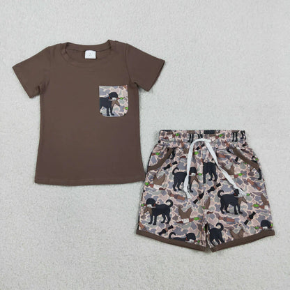 RTS Sibling Baby Boys Kids Short Sleeves Shirt Pockets Shorts Dogs Camo Set Romper Clothes