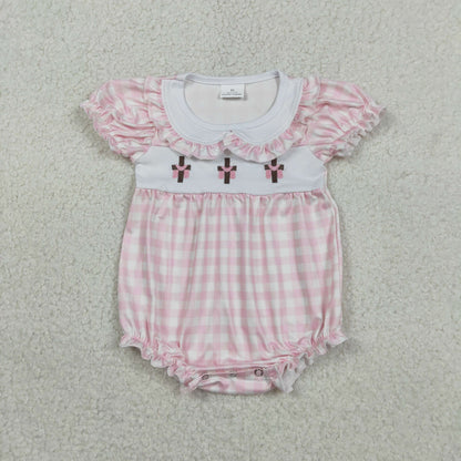 RTS Baby Boys Infant Short Sleeves Embroidery Crosses Plaid Easter Shorts Romper