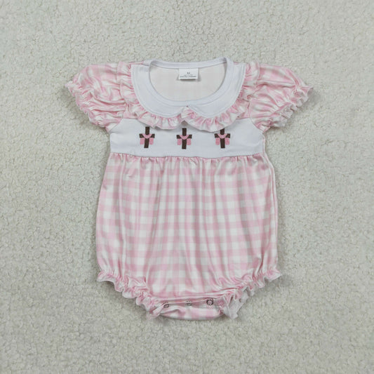 RTS Baby Girls Kids Short Sleeves Embroidery Crosses Plaid Easter Bubble Romper