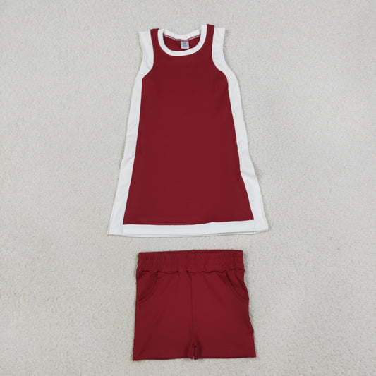 Baby Girls Kids Sleeveless Tops Dark Red Pockets Shorts Set Yoga Clothes
