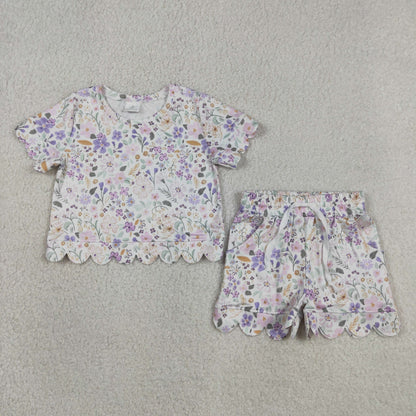 Baby Girls Toddler Short Sleeves Purple Flower Shirt Shorts Summer Set