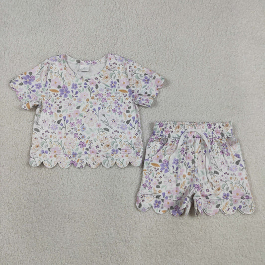 Baby Girls Toddler Short Sleeves Purple Flower Shirt Shorts Summer Set