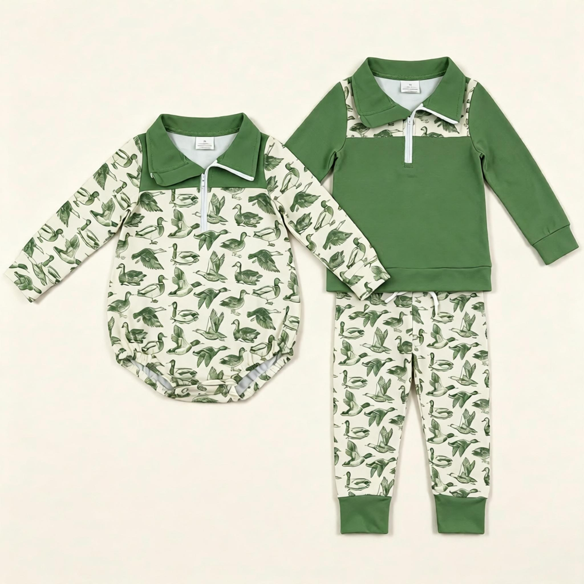 Sibling Baby Boys Kids Long Sleeves Ducks Green Romper Set Clothes