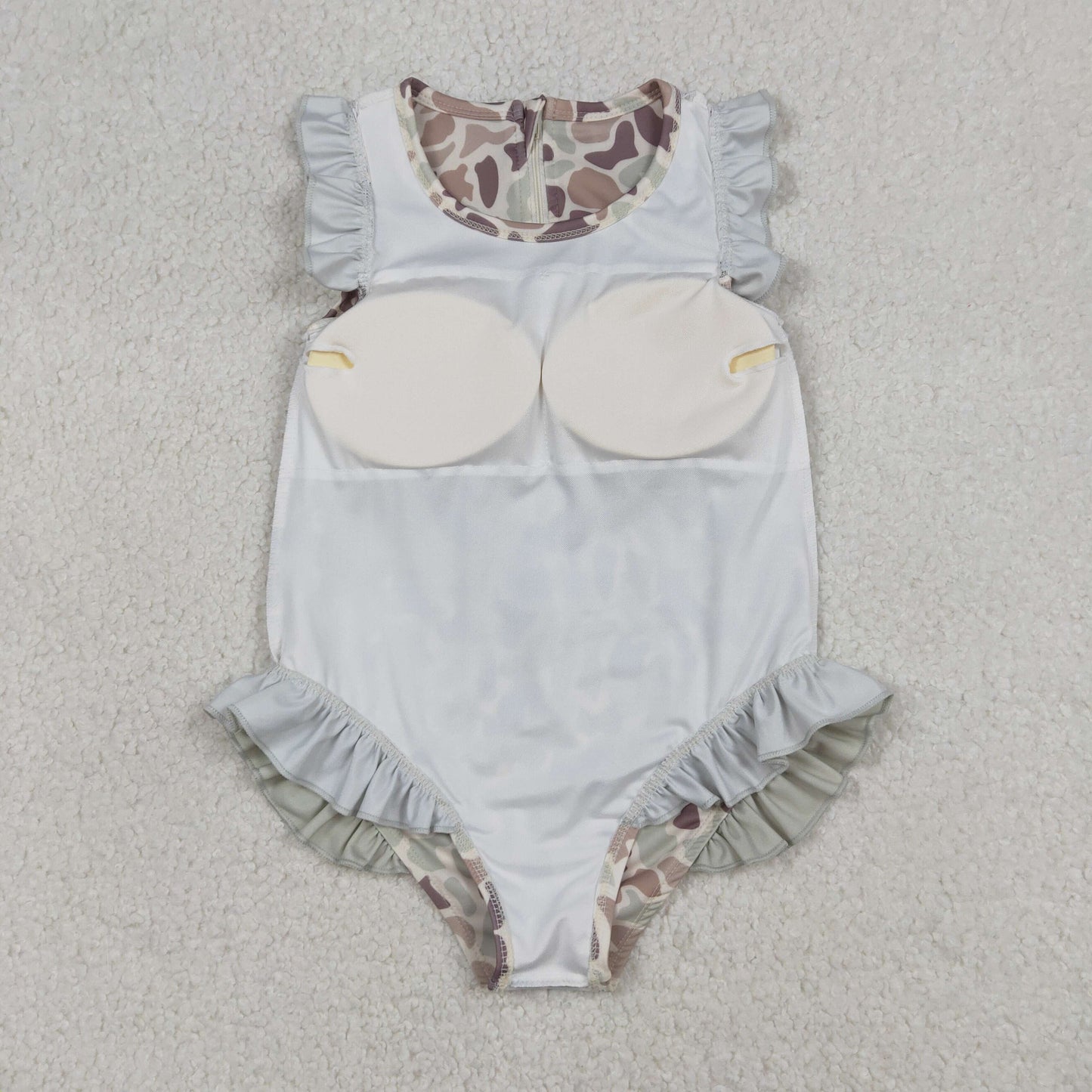 RTS Baby Girls Short Sleeves Camo Green Ruffle One-piece Swimsuit