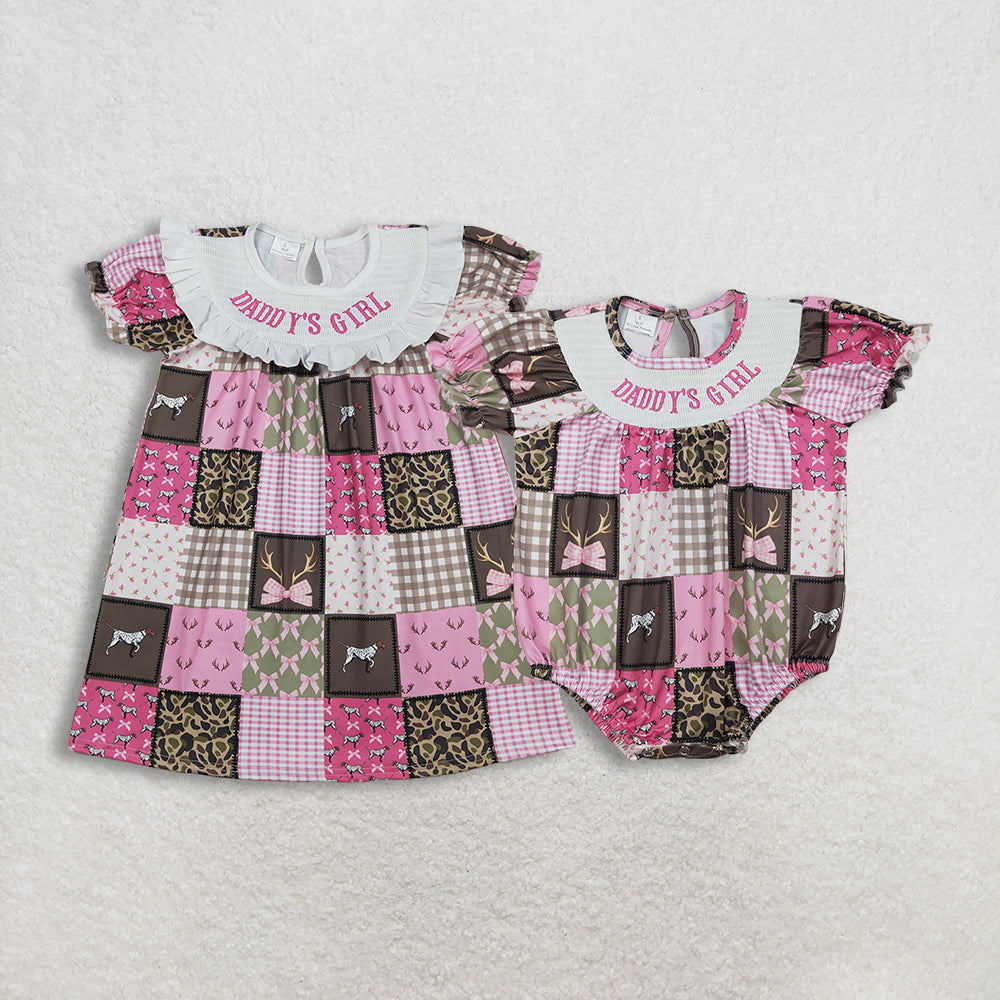 RTS Sibling Baby Girls Short Sleeves Embroidery Smocked Daddy's Girl Bows Dogs Deer Camo Romper Dress