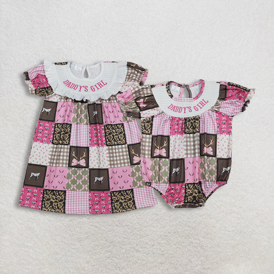 RTS Sibling Baby Girls Short Sleeves Embroidery Smocked Daddy's Girl Bows Dogs Deer Camo Romper Dress