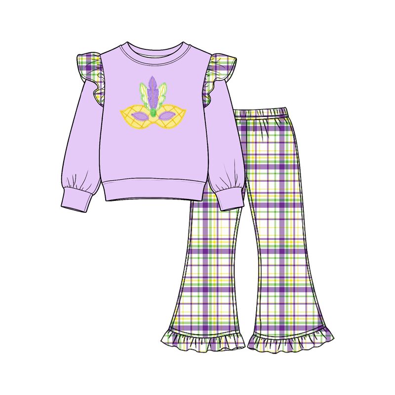 Moq 5 Preorder Baby Girls Kids Long Sleeves Masks Shirt Plaid Pants Mardi Gras Set Clothes