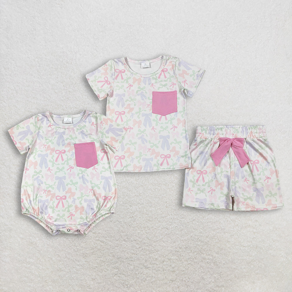 RTS Sibling Baby Girls Kids Short Sleeves Bows Pocket Romper Set Summer Clothes