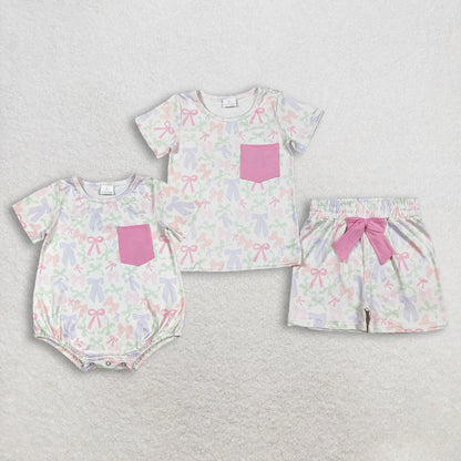 RTS Sibling Baby Girls Kids Short Sleeves Bows Pocket Romper Set Summer Clothes