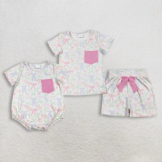 RTS Sibling Baby Girls Kids Short Sleeves Bows Pocket Romper Set Summer Clothes
